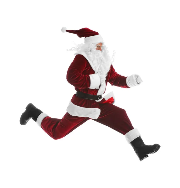 Santa Claus Traje Rojo Saltando Sobre Fondo Blanco — Foto de Stock