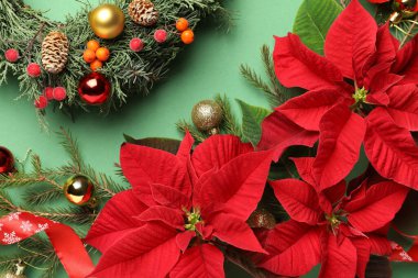 Flat lay composition with poinsettias (traditional Christmas flowers) and holiday decor on green background clipart