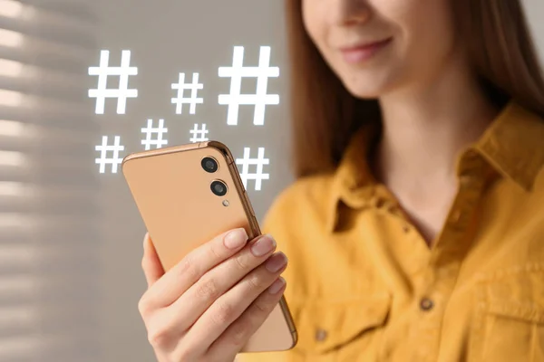 Woman Using Modern Smartphone Closeup Hashtag Symbols Device — Stock Photo, Image