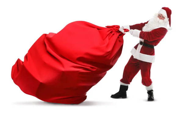 Santa Claus Tirando Enorme Bolsa Roja Llena Regalos Navidad Sobre — Foto de Stock