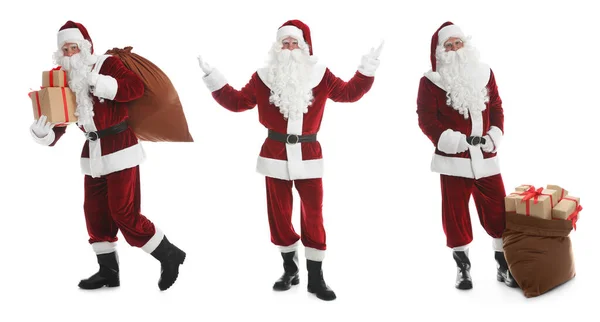 Koláž Fotografiemi Santa Clause Bílém Pozadí Návrh Nápisu — Stock fotografie