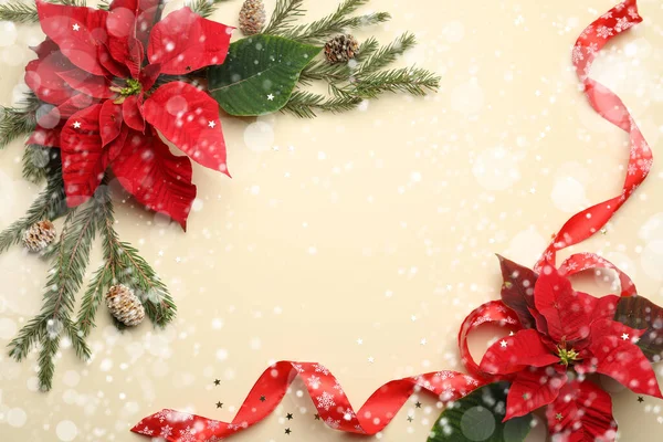 Composizione Flat Lay Con Tradizionali Fiori Natale Poinsettia Spazio Testo — Foto Stock
