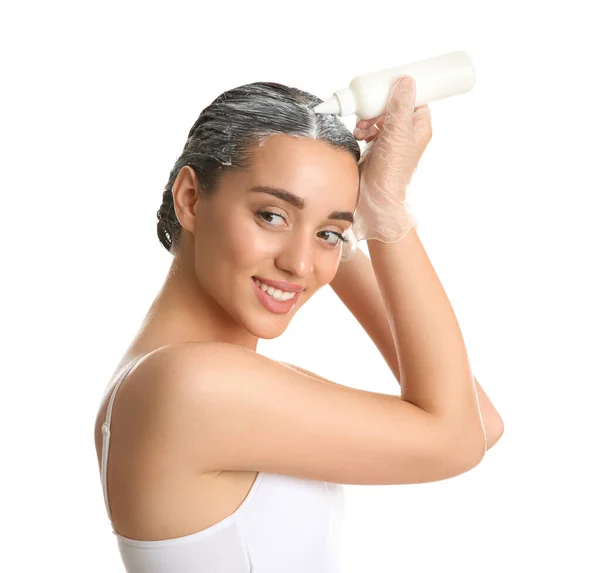 Young Woman Applying Dye Hairs White Background — Stock Photo, Image