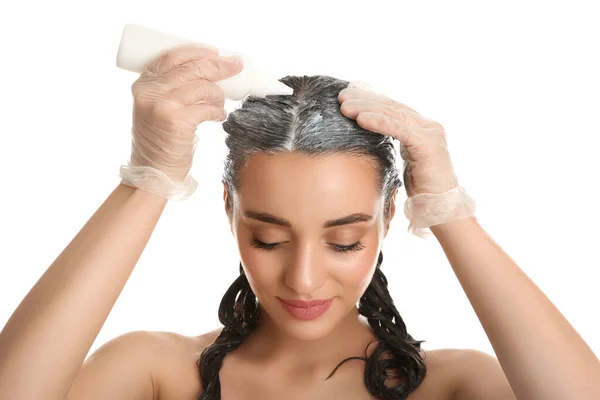 Young Woman Applying Dye Hairs White Background — Stock Photo, Image