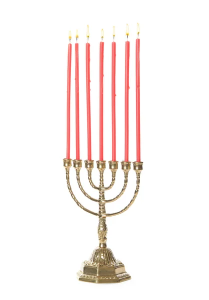 Golden Menorah Med Brinnande Ljus Vit Bakgrund — Stockfoto