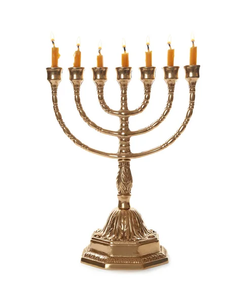 Golden Menorah Candles White Background — Stock Photo, Image