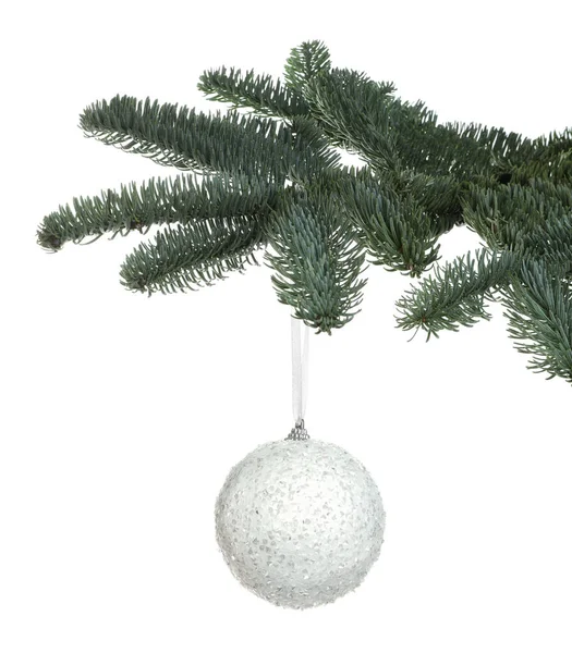 Belle Boule Noël Suspendue Sur Branche Sapin Sur Fond Blanc — Photo