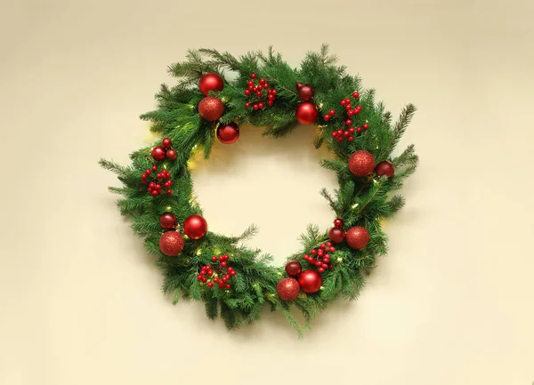 Beautiful Christmas Wreath Festive Decor Beige Background Top View — Φωτογραφία Αρχείου