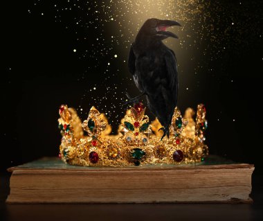 Fantasy world. Black crow lit by magic light sitting on golden crown  clipart