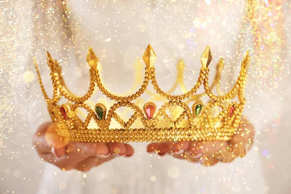 Fantasy World Woman Holding Beautiful Golden Crown Closeup — Stock Photo, Image