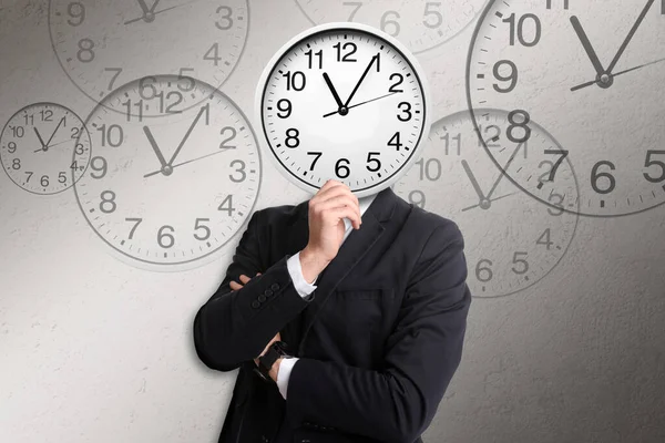 Time Management Concept Businessman Clock Instead Head Light Grey Background Royalty Free Stock Photos