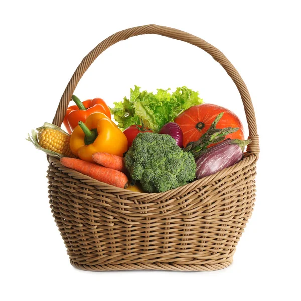Wicker Basket Fresh Vegetables White Background — Stock Photo, Image