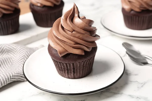 Delicious Fresh Chocolate Cupcake White Marble Table Closeup — Stock Photo, Image