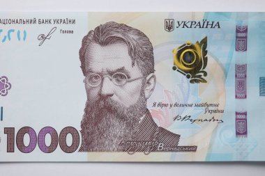 Açık gri arkaplanda 1000 Ukrayna Hryvnia banknotu, üst görünüm