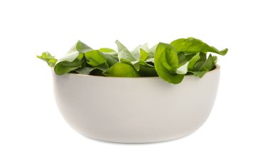 Taze yeşil kuş yaprakları beyaz kasede izole edilmiş.