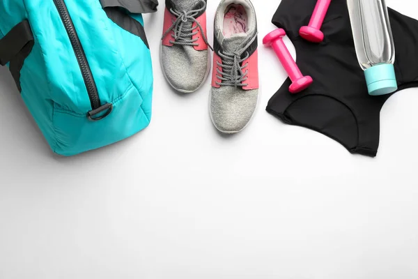 Flat Lay Composition Gym Bag Sportswear White Background — Stock Photo, Image