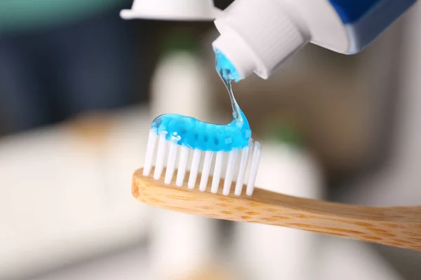 Applying Toothpaste Brush Blurred Background Closeup — Stock Photo, Image
