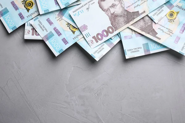 Ukrainisches Geld Auf Grauem Hintergrund Flach Gelegt Raum Für Text — Stockfoto