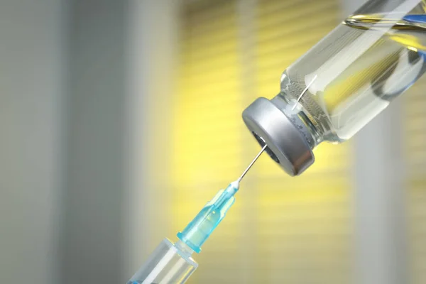 Filling Syringe Medication Vial Blurred Background Closeup Vaccination Immunization — Stock Photo, Image
