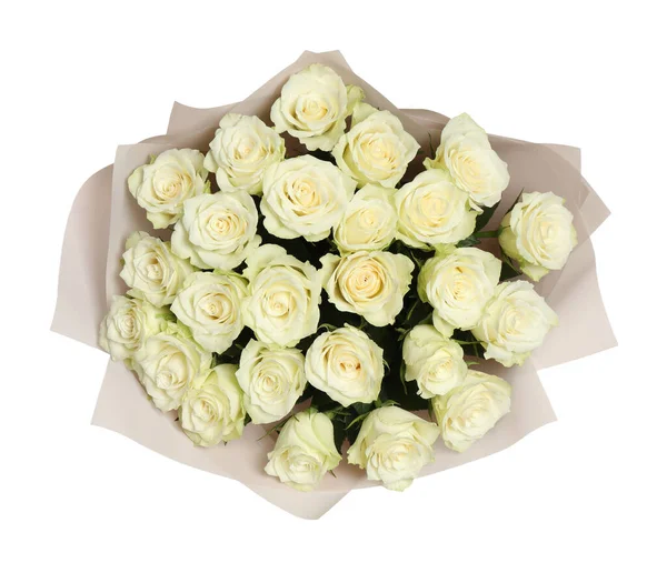Bouquet Luxe Roses Fraîches Isolées Sur Blanc Vue Sur Dessus — Photo