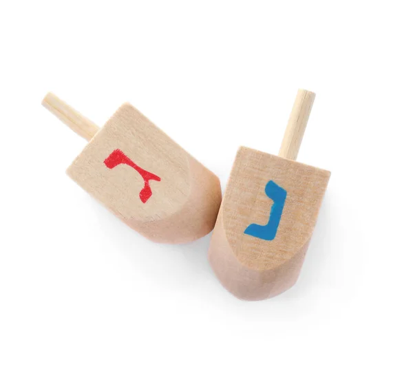 Drewniane Hanukkah Tradycyjne Dreidele Literami Gimel Zakonnice Białym Tle Widok — Zdjęcie stockowe