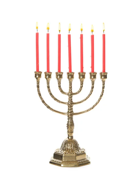 Golden Menorah Med Brinnande Ljus Vit Bakgrund — Stockfoto