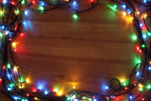 Cornice Luci Natale Colorate Tavolo Legno Vista Dall Alto Spazio — Foto Stock