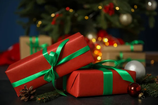 Beautiful Gift Boxes Christmas Decor Black Table Closeup — Stockfoto