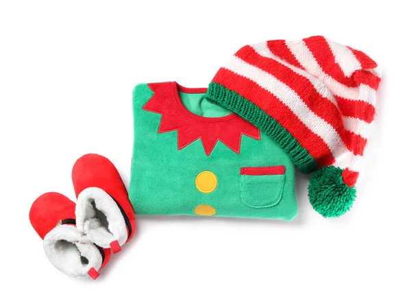 Cute Elf Jumper Hat Booties White Background Top View Christmas — Stock Photo, Image