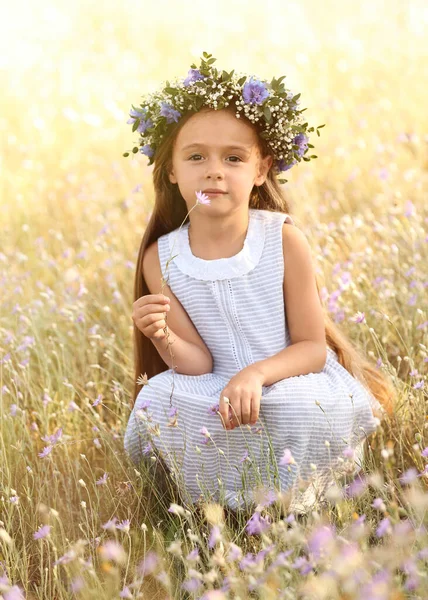 Jolie Petite Fille Portant Une Couronne Fleurs Extérieur Les Enfants — Photo