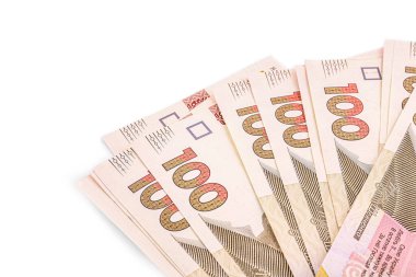 Beyaz arka planda 100 Ukrayna Hryvnia banknotu, yakın plan