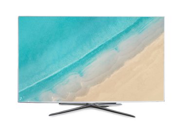 Modern wide screen TV monitor showing sandy ocean beach, isolated on white