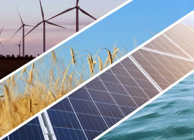 Su, alan, güneş panelleri ve rüzgar türbinlerinin fotoğraflarıyla kolaj. Alternatif enerji kaynağı