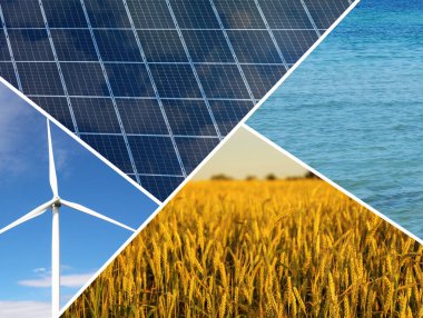 Su, alan, güneş panelleri ve rüzgar türbininin fotoğraflarıyla kolaj. Alternatif enerji kaynağı