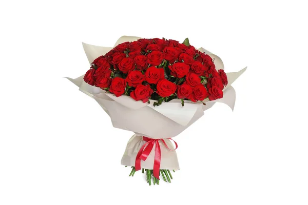 Розкішний Букет Свіжих Червоних Троянд Ізольований Білому — стокове фото