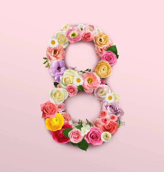 Mezinárodní Den Žen Číslo Krásných Květin Světle Růžovém Pozadí Horní — Stock fotografie
