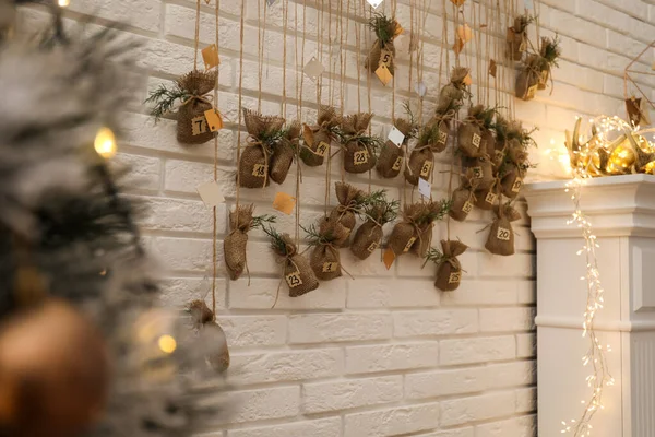 New Year Advent Calendar Hanging Write Brick Wall Indoors — Stok fotoğraf