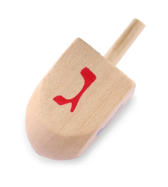 Houten Chanoeka Traditionele Dreidel Met Letter Gimel Geïsoleerd Wit Bovenaanzicht — Stockfoto