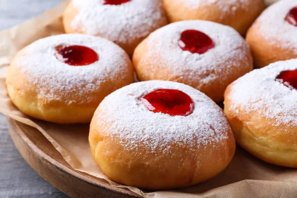 Hanukkah Doughnuts Jelly Sugar Powder Grey Table Closeup — Stock Photo, Image