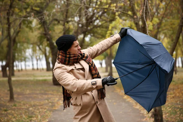 Man Blue Umbrella Caught Gust Wind Outdoors — Stock Photo, Image