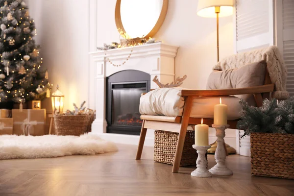 Belle Chambre Intérieure Avec Arbre Noël Cheminée — Photo