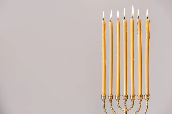 Golden Menorah Burning Candles Light Grey Background Space Text — Stock Photo, Image