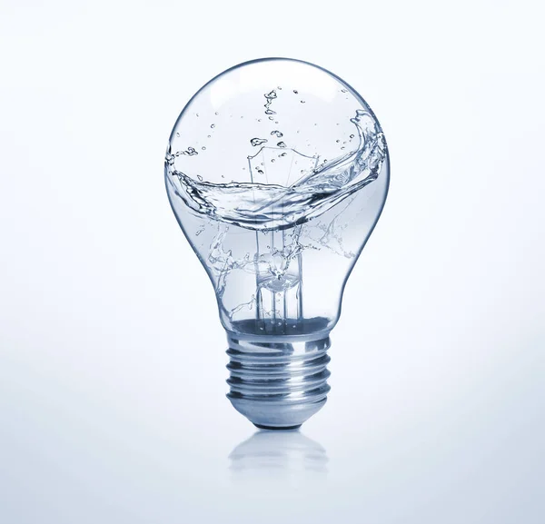 Lampadina Con Spruzzi Acqua Fondo Chiaro Fonte Energia Alternativa — Foto Stock