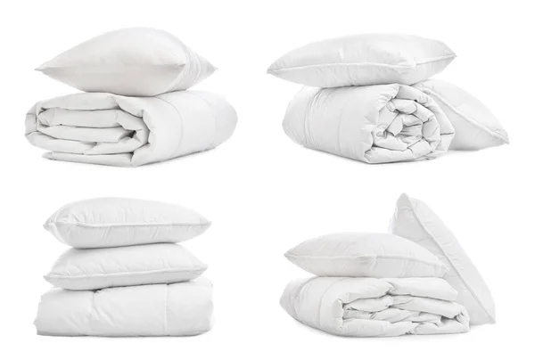 Set Blankets Pillows Isolated White — Stock Photo, Image