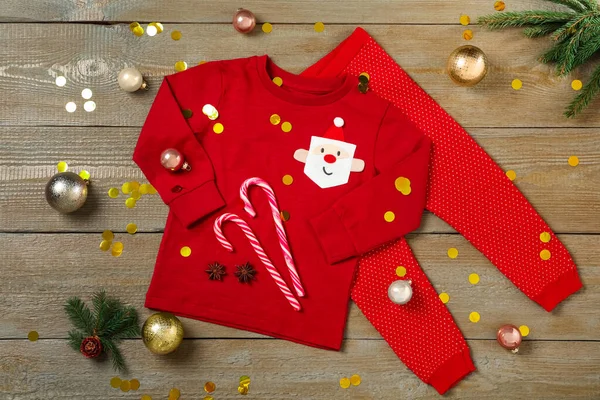 Flat Lay Composition Cute Christmas Baby Clothes Wooden Background — Stock Photo, Image