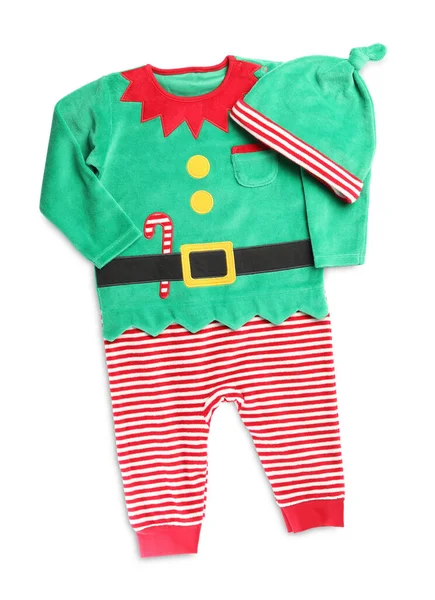 Cute Elf Suit White Background Top View Christmas Baby Clothes — Stock Photo, Image