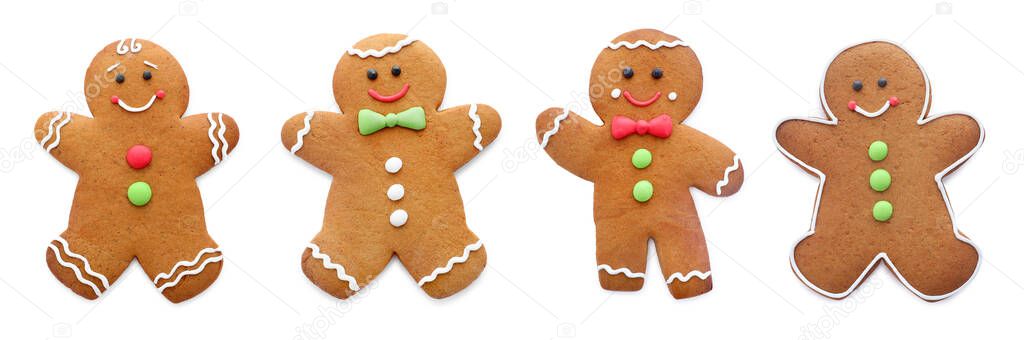 Set of gingerbread men isolated on white. Banner design