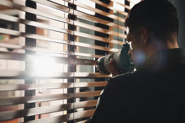 Private Detective Camera Spying Window Indoors — Stock Photo, Image