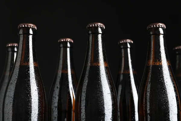 Bottles Beer Black Background Closeup — Stock Photo, Image