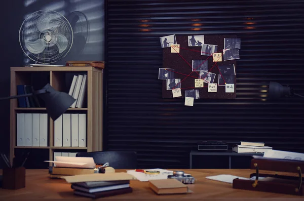 Detective office interior with evidence board on wall